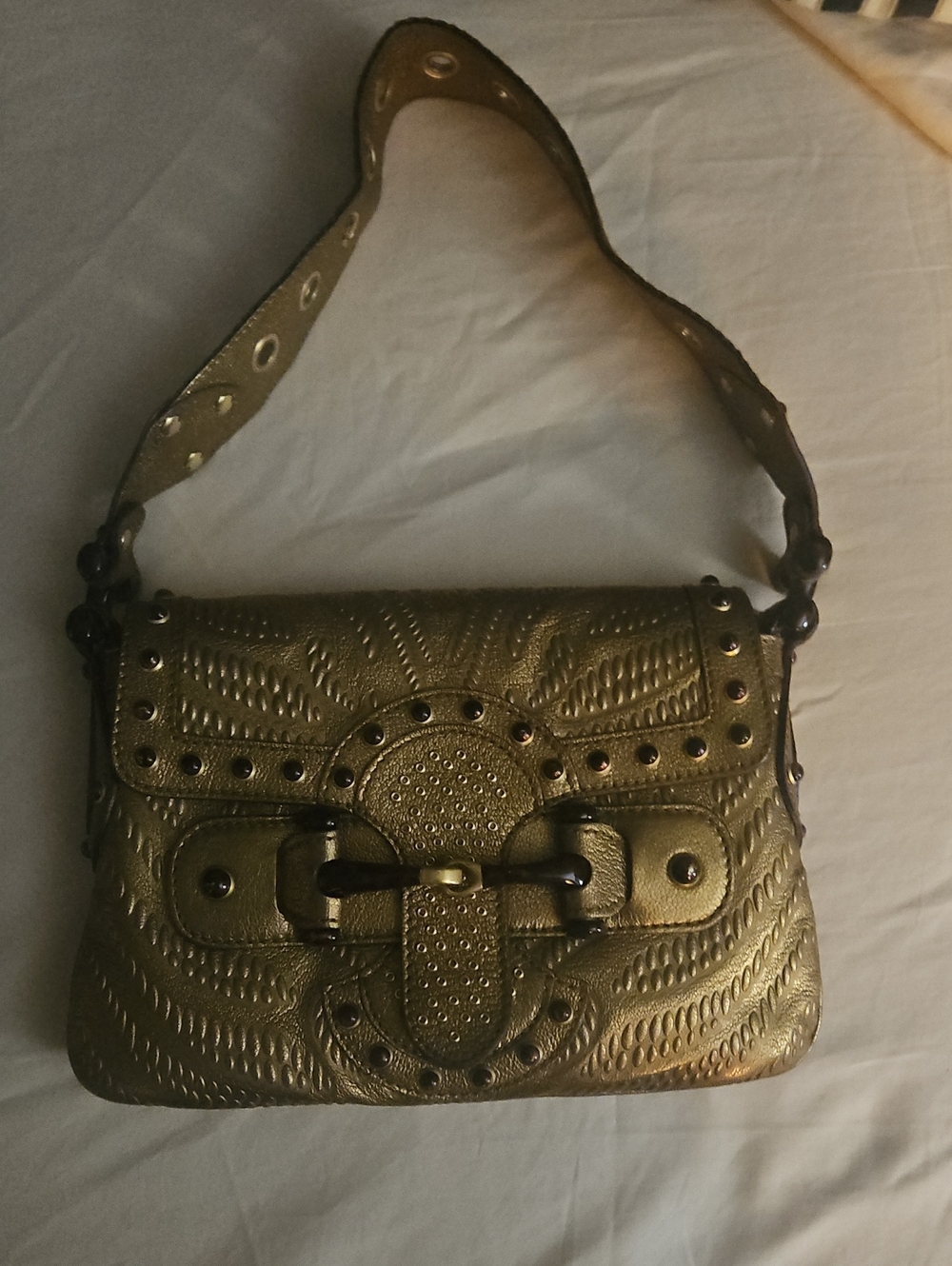 Gold Gucci  Leather Shoulder Bag with Buckle Accent